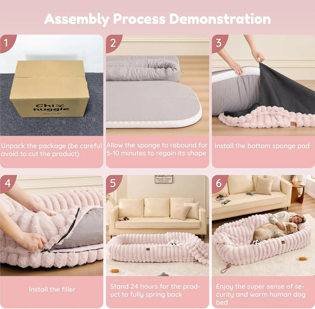 Human Dog Bed for Adult - Luxury Striped Faux Fur Giant Dog Bed with Portable Handle, Egg Orthopedic Foam Pad with Thick Warm Blanket, Pink
