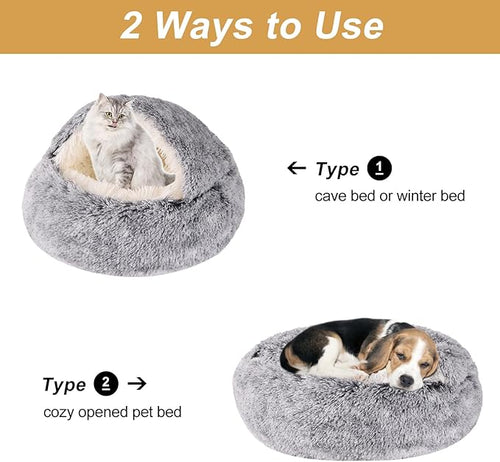 2-in-1 Plush Cave & Round Dog Bed — Zip-Off Cover